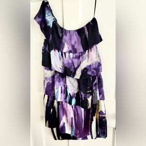 One Shoulder 100% Silk Purple and Black Tiered Dress